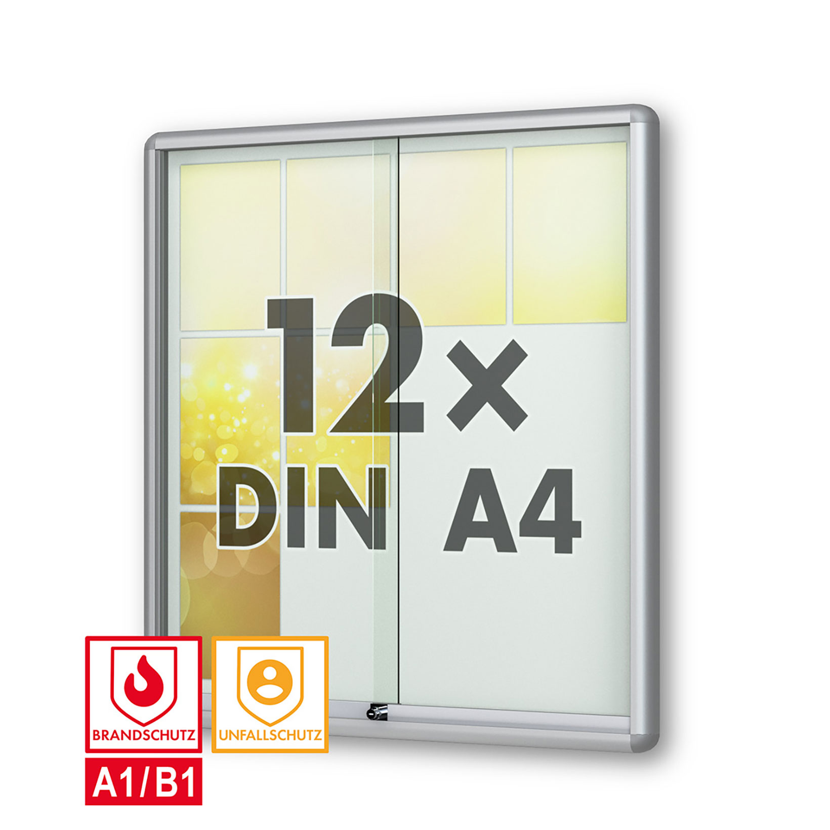 12 x DIN A4 Schaukasten Moveo - "die Schulvitrine" - mit Brandschutzklasse A1 - Rollengelagerte Schiebetüren✓ abschließbar✓ ESG-Sicherheitsglas✓