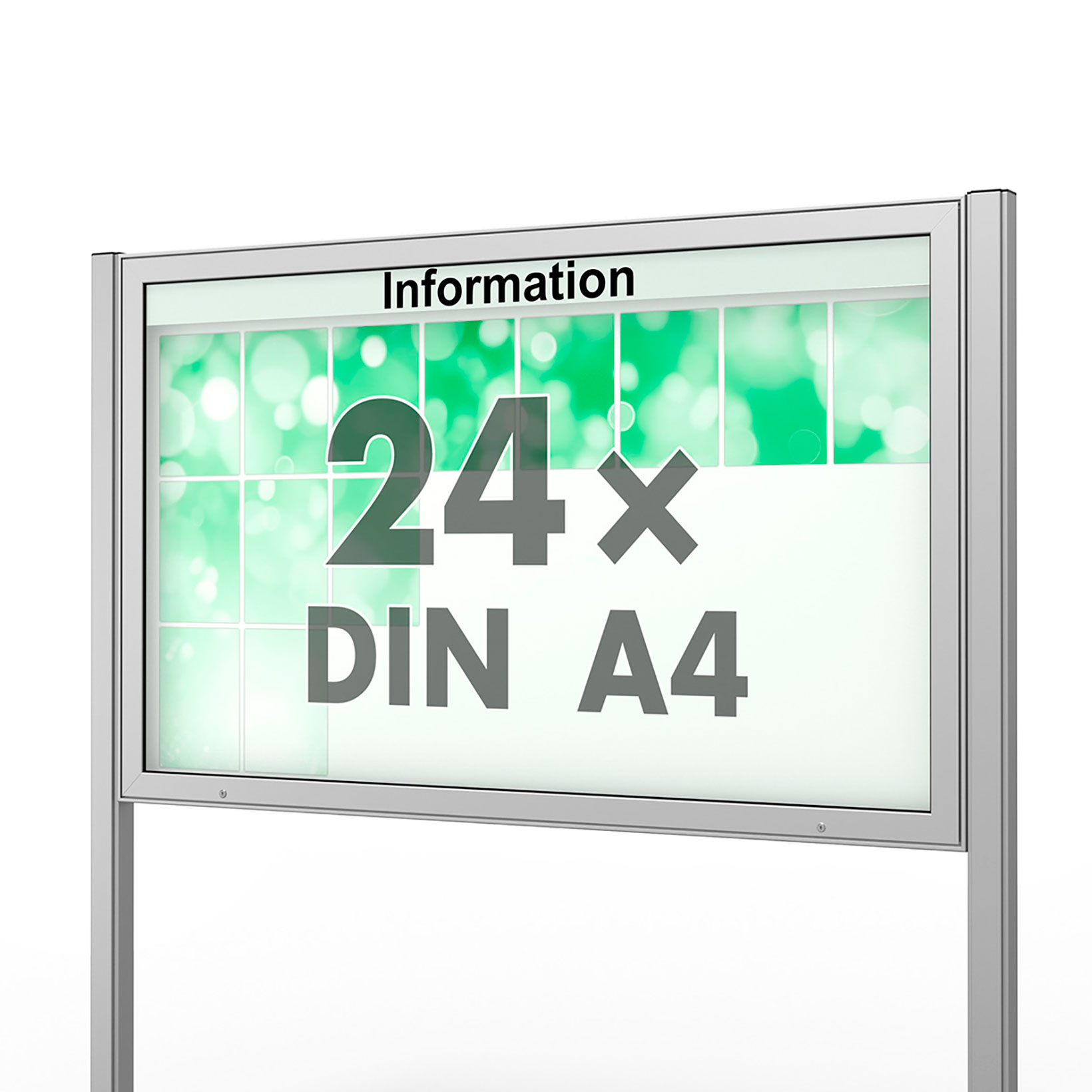 24 x DIN A4 Schaukasten Plenum eckig - der "Klassiker" - 65mm Bautiefe - mit Ständern und optionaler LED-Beleuchtung